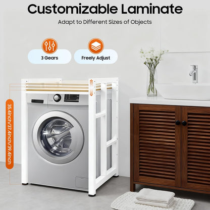 Over Washer and Dryer Shelves, Washer and Dryer Storage Shelf, Adjustable Laminate and Foot Pads Washing Machine Storage Rack for Kitchens Dressing Rooms (Black, Teak Color)