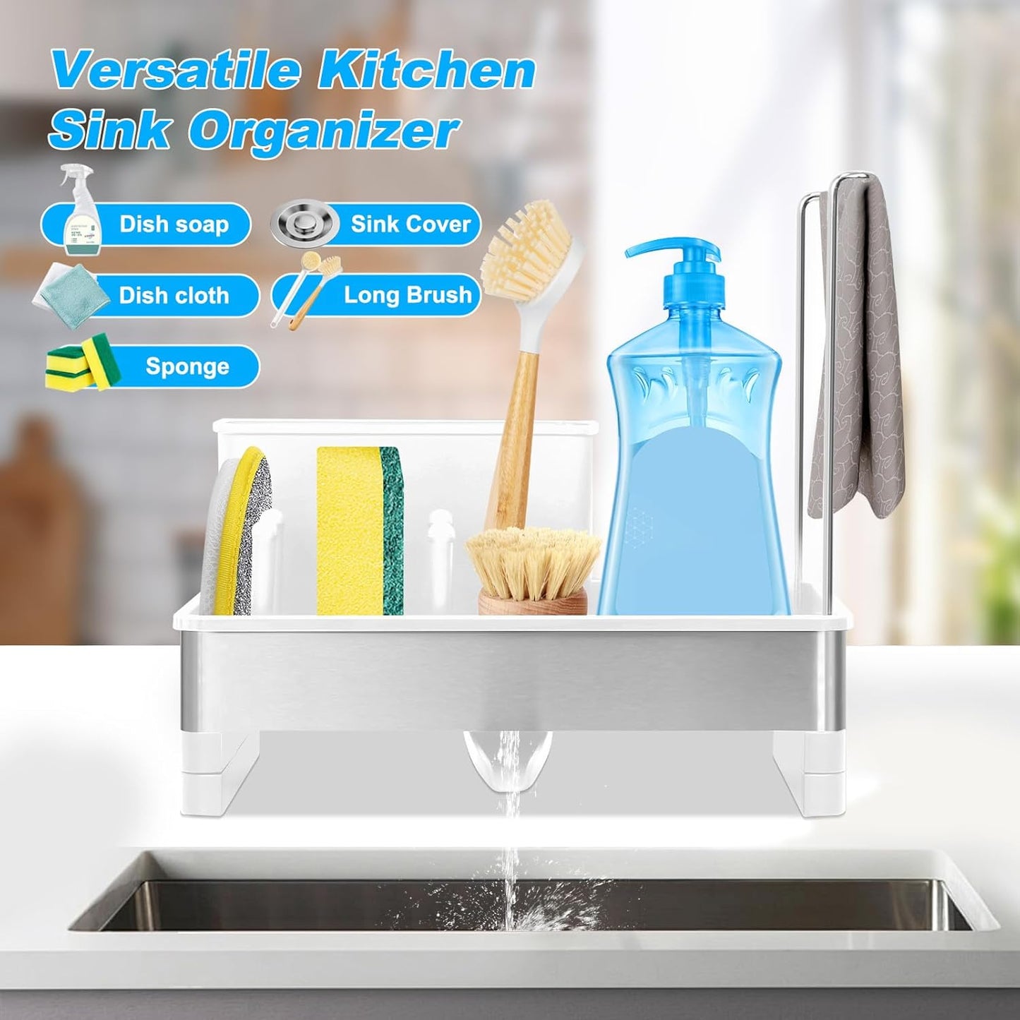 Kitchen Sink Caddy,Sponge Holder for Kitchen Sink with Dish Brush Holder, Auto Drain Tray, Sponge Drain Rack,Stainless Steel Sink Organizer Countertop，Sponge Soap(Grey)