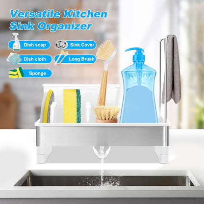 Kitchen Sink Caddy,Sponge Holder for Kitchen Sink with Dish Brush Holder, Auto Drain Tray, Sponge Drain Rack,Stainless Steel Sink Organizer Countertop，Sponge Soap(Grey)