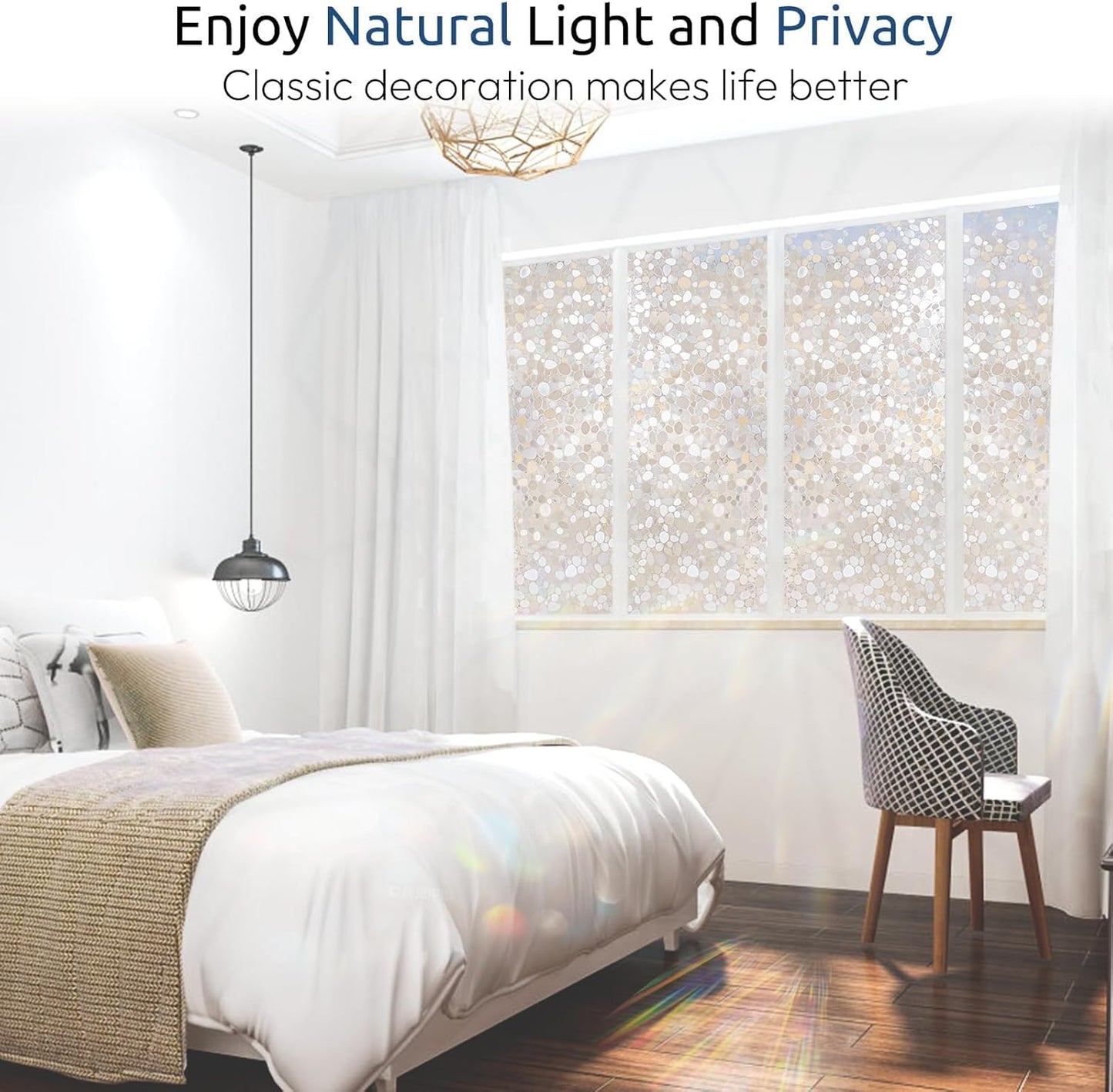 rabbitgoo Window Privacy Film, Frosted Glass Window Clings, Static Cling UV Heat Blocking Door Stickers for Home Bathroom, Removable Indoor Decal Coverings Day and Night, Pure, 17.5 x 78.7 Inches