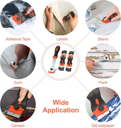 Ywmoml 3 Pack Razor Blade Scraper Set, Includes 30 Plastic & 30 Metal Blades, Multi-Purpose Tool for Glass, Cooktop, Sticker Removal, Paint & Gum Cleaning (Orange)