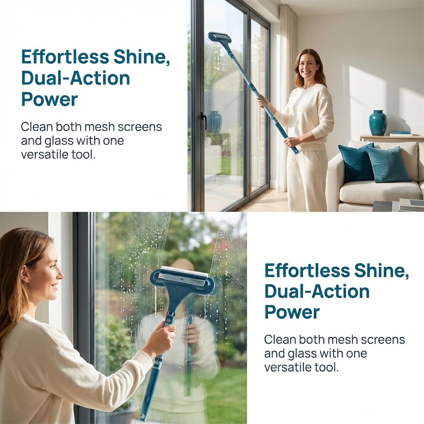 Window Screen Cleaner, 2 in 1 Window Screen Cleaning Brush, Dual-Sided Mesh and Squeegee, Long Handle for High Windows, Patio Door Porch Screens, Dust and Water Removal (Blue)