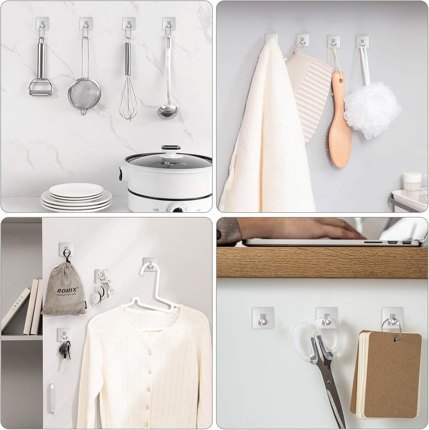 VIS'V Adhesive Towel Hooks, Waterproof Shower Wall Stick on Hooks, 2 Extra Adhesive Strips, White, 4 Pcs