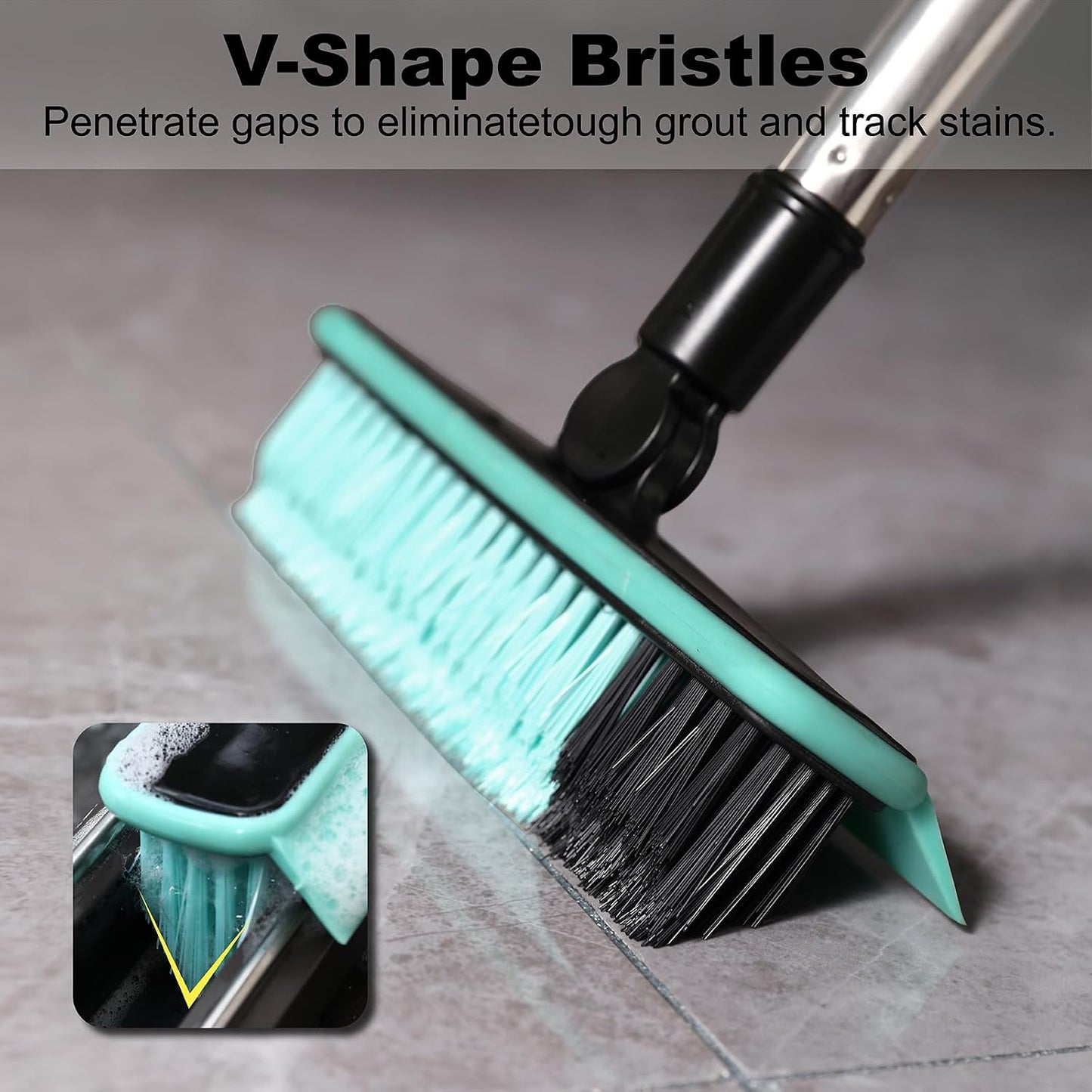 Grout Cleaner Brush with Long Handle, V-Shaped Floor Scrub Brush Swivel Grout Brush Stiff Bristle Floor Grout Scrubber for Bathroom, Tile Line, Crevice, Kitchen, Wall, Deck, Garage (Blue)