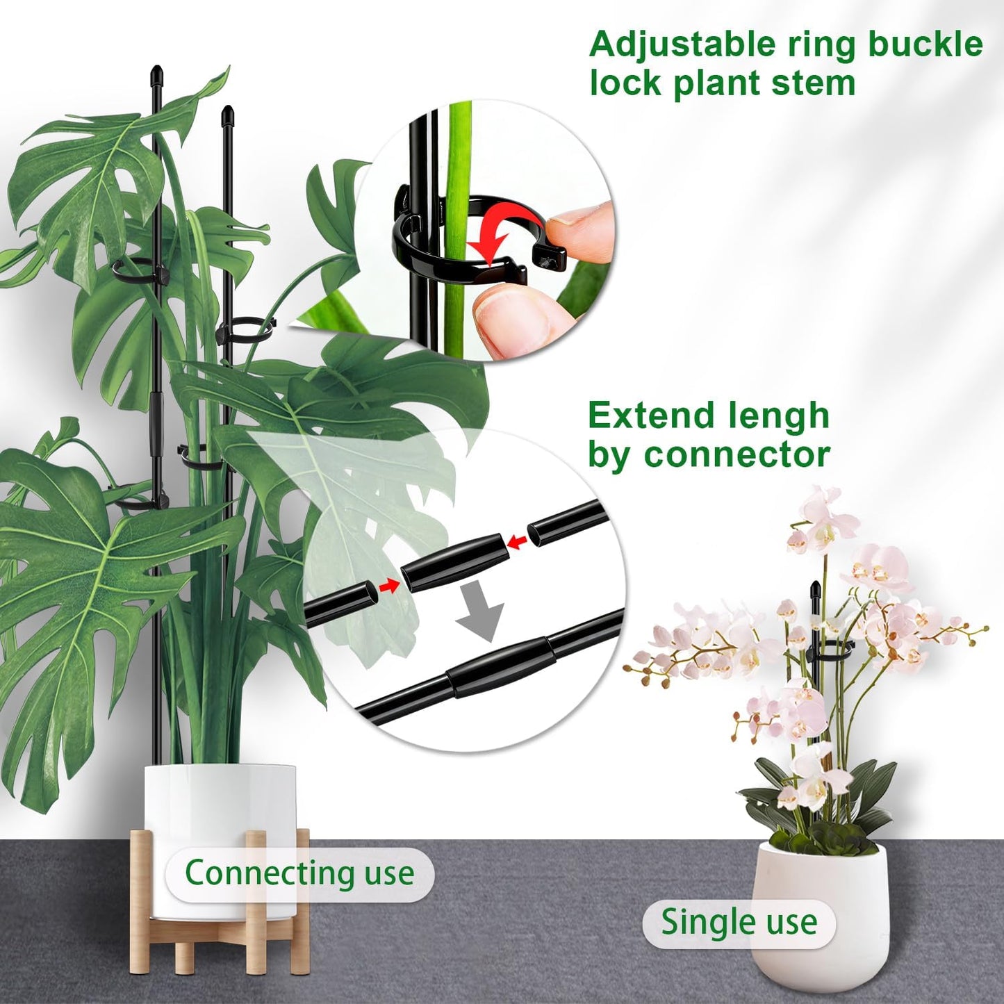 20Pcs Plant Support Stakes 17 inch SupKing Garden Orchid Sticks Extended to 3ft 4ft 5ft Plant Poles with Clips for Indoor Outdoor Potted Tomato Rose Amaryllis Vegetables Comes with 20 Ties（Green）