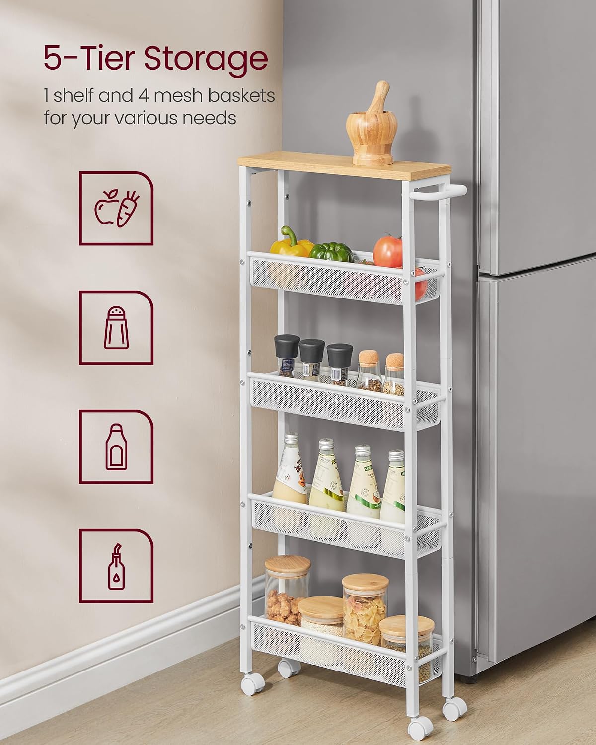 VASAGLE Slim Rolling Cart, 4-Tier Narrow Storage Cart with Handle, 5.1 Inches Deep, Metal Frame, for Kitchen, Dining Room, Living Room, Home Office, Rustic Brown and Classic Black ULRC032B01V1