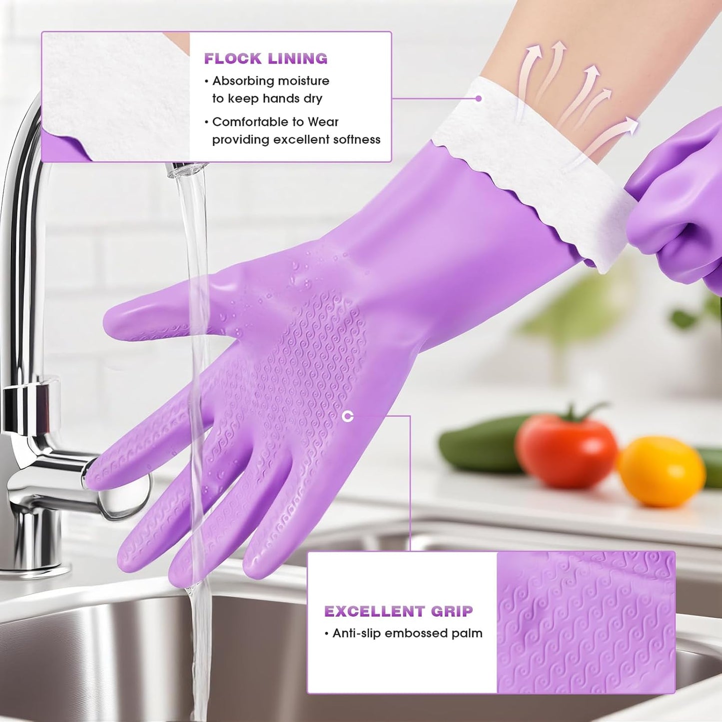 Elgood Reusable Long Sleeve Dishwashing Cleaning Gloves with Latex Free,Cotton Lining,Kitchen Gloves 2 Pairs,Purple+Blue M