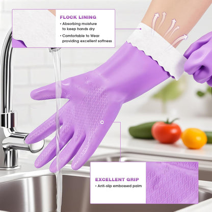 Elgood Reusable Long Sleeve Dishwashing Cleaning Gloves with Latex Free,Cotton Lining,Kitchen Gloves 2 Pairs,Purple+Blue M