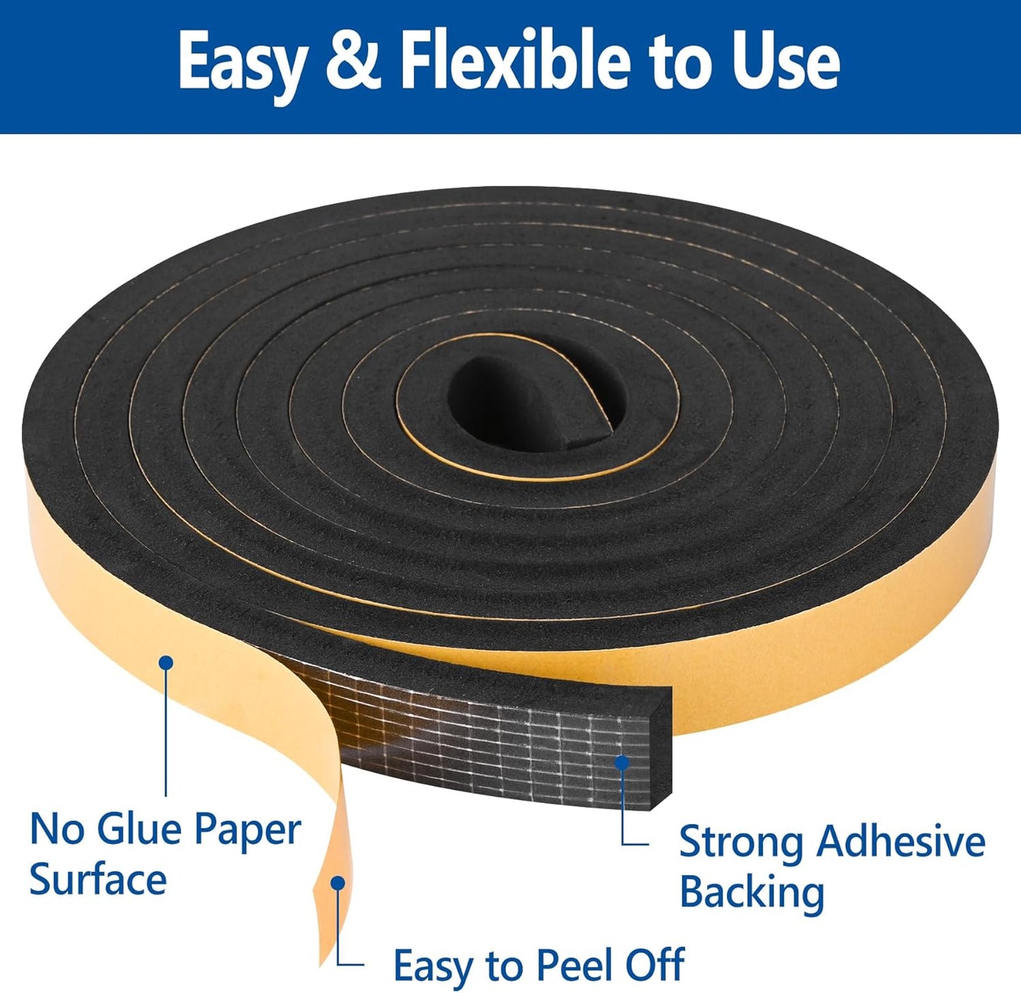 Kikerike Self Adhesive Foam Tape Weatherstrip 1/2In x 1/4In x 16.5Ft High Density Foam Insulation Strips Seal Weather Stripping with Strong Adhesive for Door and Window Sound Isolation Soundproofing