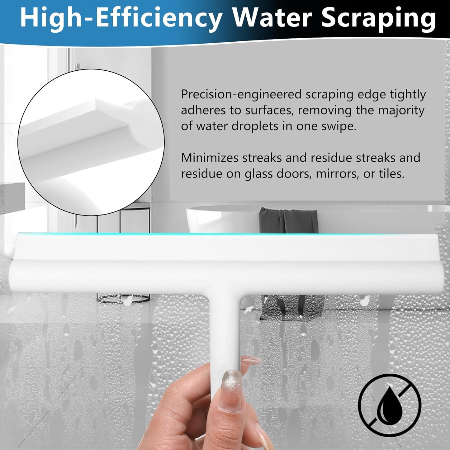 Squeegee for Shower Glass Doors, Resilient Loop - No-Drill & Adhesive Hook, Silicone Shower Squeegee with Stainless Steel Core, Cleaning Tool for Home, Kitchen, Bathroom & Car - Black