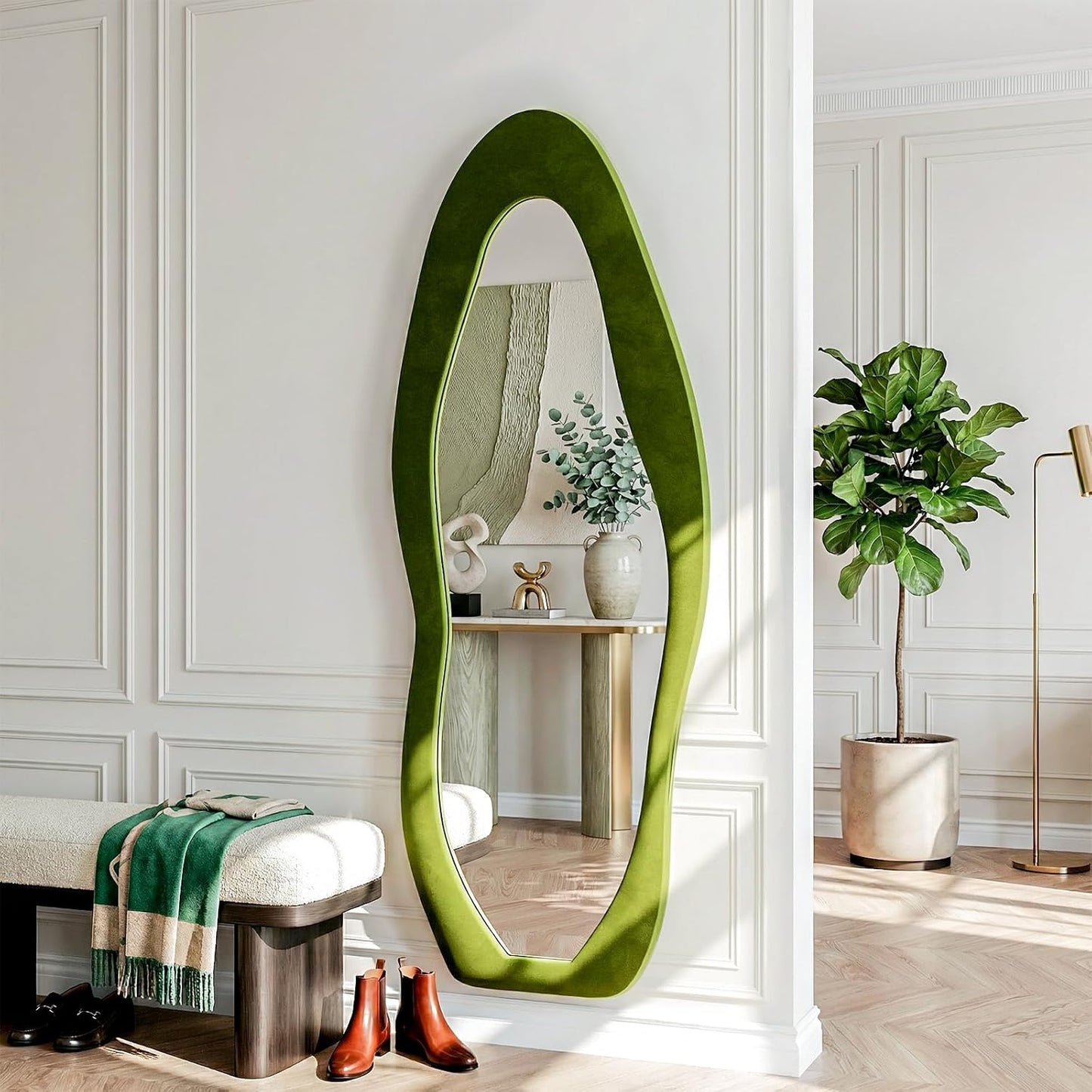 71"x32" Flannel Full Length Mirror, Arched Mirrors Full Length with Stand, Flannel Floor Mirror for Bedroom and Living Room, Full Body Mirror Hanging or Leaning, White