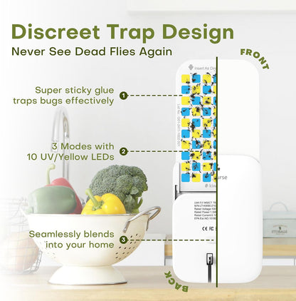 Flying Insect Trap Indoor - Plug-in Fly Catcher and Killers Includes Refills for House Flies, Fruit Flies, Gnats,Cover up to 800 ft², Off-White, 1 Trap + 4 Refills