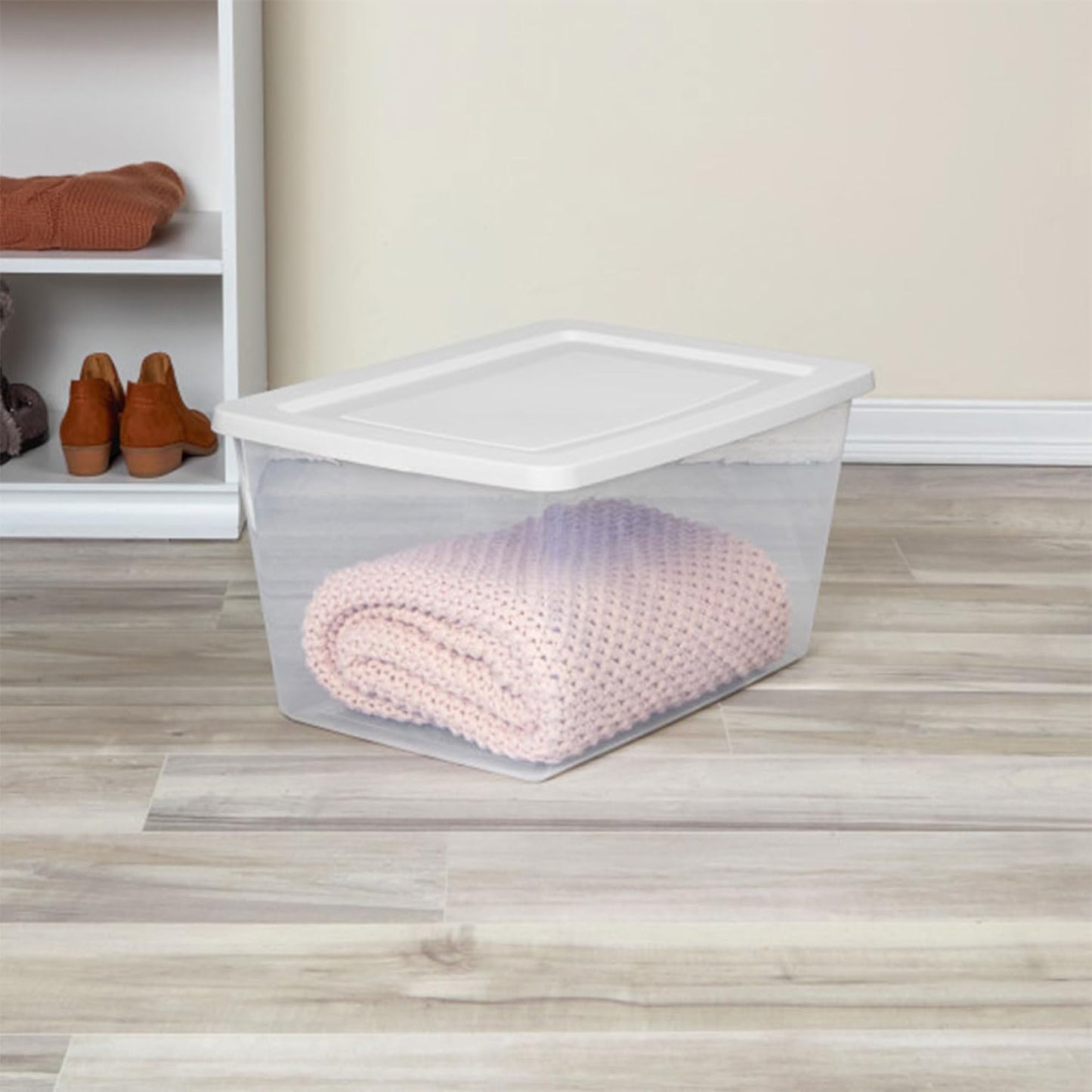 Sterilite 6 Pack Storage Box, 41 Quart Stackable Tote, Clear Plastic Container with Secure Snapping White Lids for Home and Office Organization