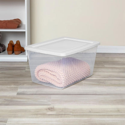 Sterilite 6 Pack Storage Box, 41 Quart Stackable Tote, Clear Plastic Container with Secure Snapping White Lids for Home and Office Organization