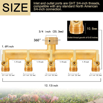 EBH Brass Garden Hose Splitter, 3 Way High Flow Outdoor Faucet Splitter,Full Flow 3-Way Brass Heavy Duty Hose Splitter With 3 Long Metal Handle and Individual On/Off Valve。