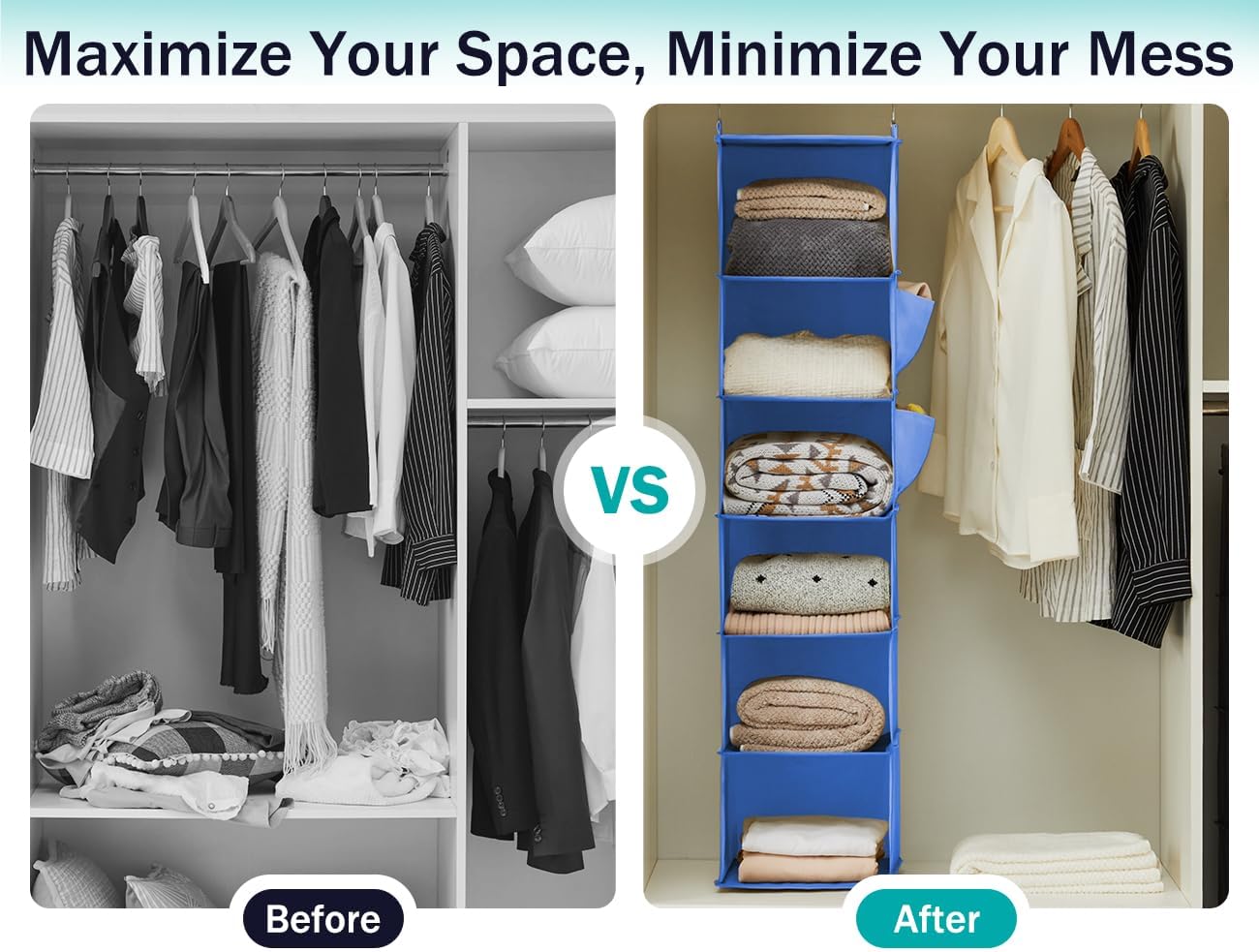 YOUDENOVA Hanging Closet Organizer, 6-Shelf Closet Hanging Storage Shelves, 2 Packs, Grey
