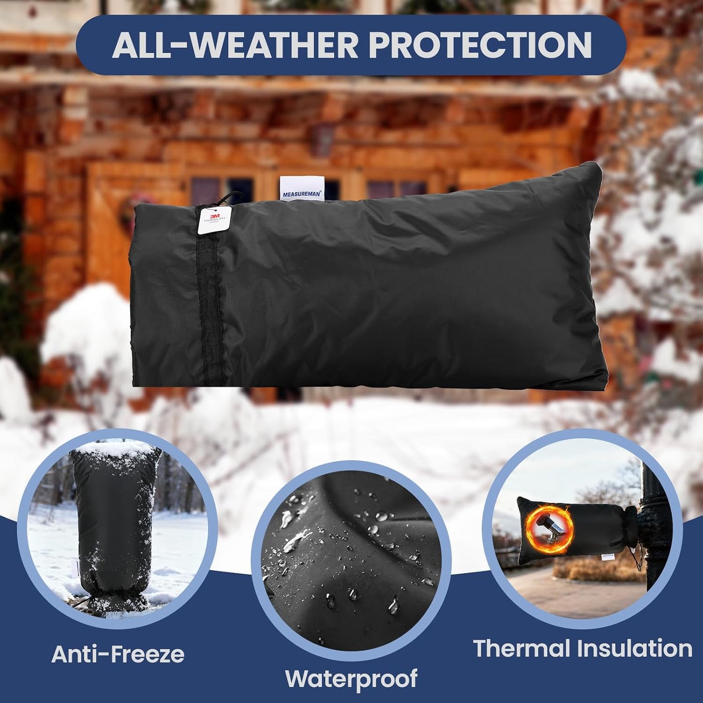MEASUREMAN Outdoor Faucet Cover for Winter Freeze Protection 25”H x 13.19”W 3M Thinsulate Insulation Waterproof & Frost-Proof Insulated Hose Bibb Spigot Black Sock 420D Oxford Fabric Reusable