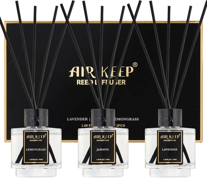 Airkeep Reed Diffuser Set of 3 for Bathroom Air Fresheners, Oil Diffuser Sticks | Cedar Wood,White Pine Moroccan Amber Scent Diffuser(1.7 fl oz*3) Fragrance with 18 Sticks Defusers | Shelf Decor