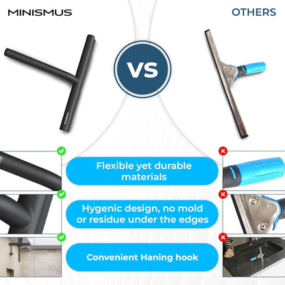 Minismus Shower Squeegee with Magnetic Hook - Silicone Window Wiper with Adhesive Wall Mounted Hanger - Shower Squeegee for Glass Doors - Rubber Squeegee - Shower Glass Cleaner (8.25 inches, Black)