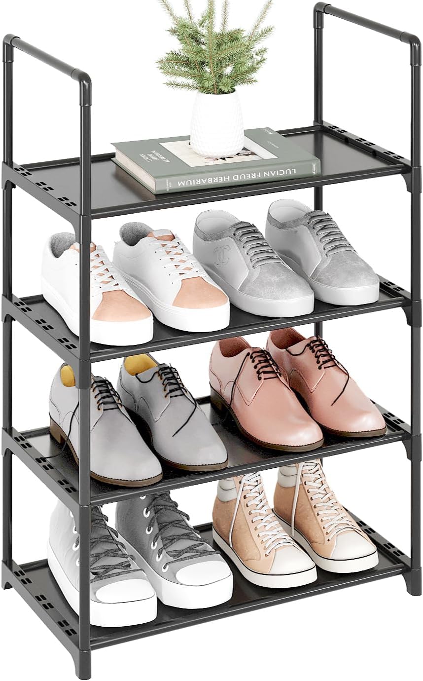 Upgrade Stackable Small Shoe Rack, 4-Tier Shoe Shelf Storage Organizer with Handle for Entryway, Hallway and Closet (Black)