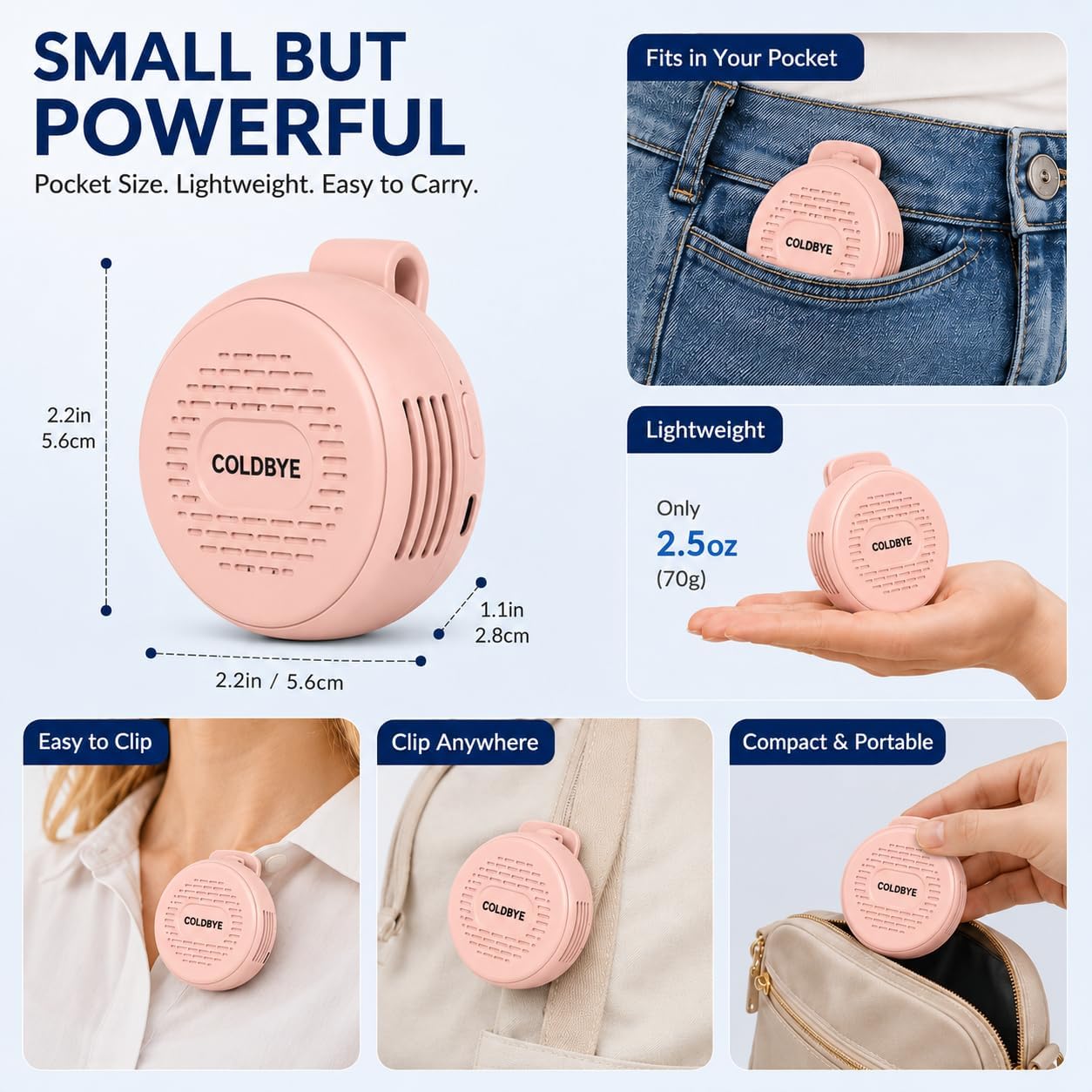 ColdBye Bladeless Shirt Clip Fan for Waist & Clothing, Wearable Personal Cooling Fan with 3 Speeds, USB-C Rechargeable Hands-Free Mini Portable Fan for Work, Travel, Camping & Outdoor Activities