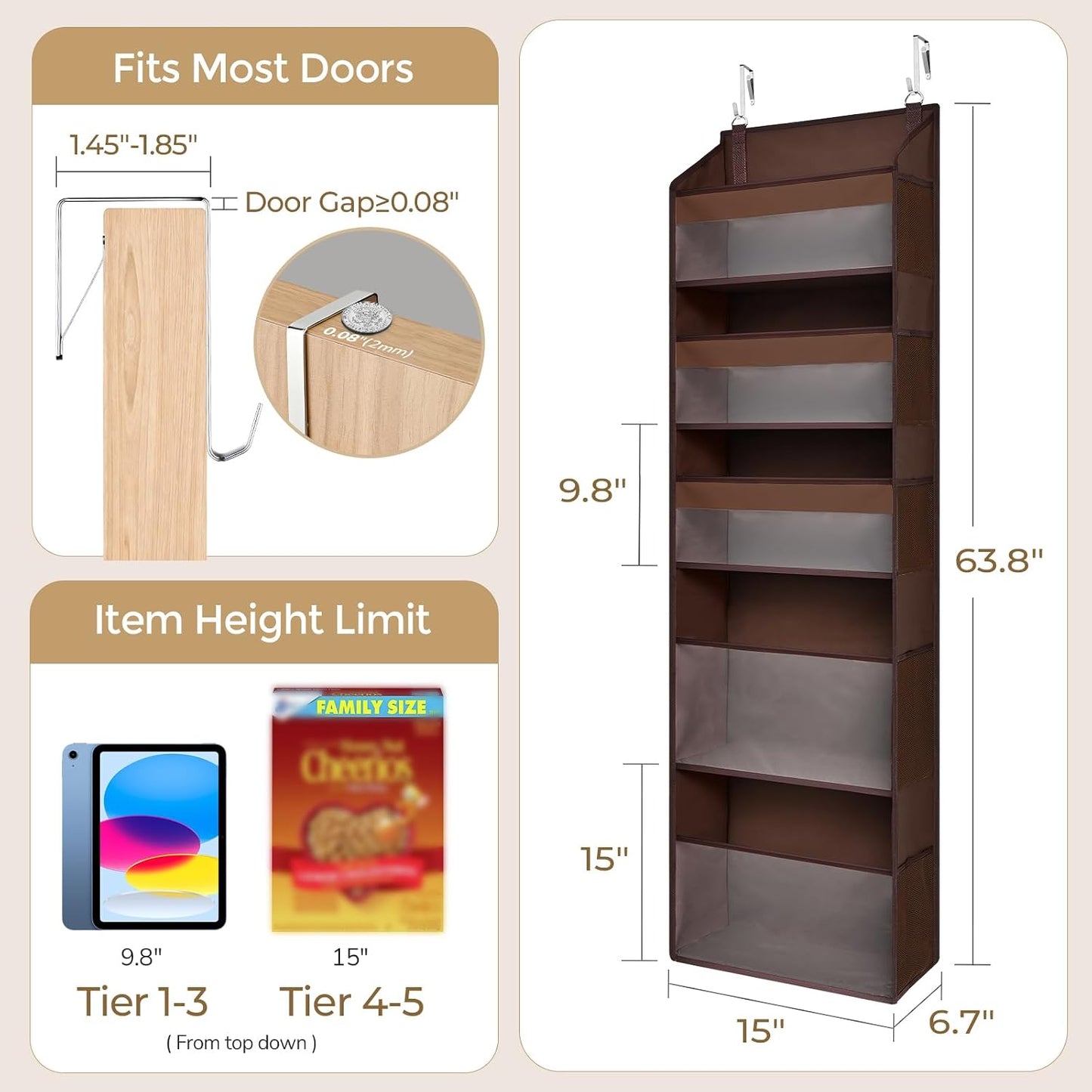 5 Tiers Over the Door Organizer with 10 Mesh Side Pockets, 44 lbs Weight Capacity Closet Hanging Storage Organizer with Large Clear Window Kids Toys, Shoes, Diapers, Beige