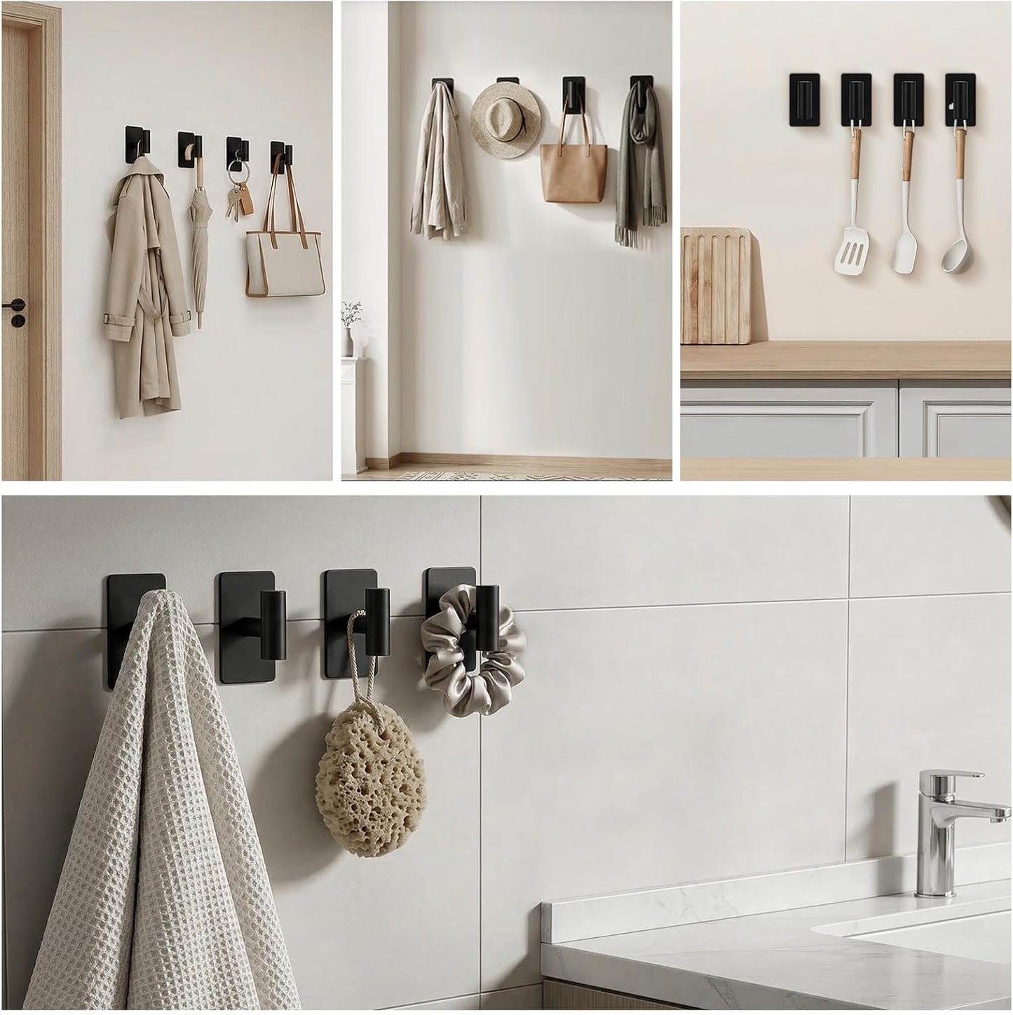 NearMoon Adhesive Hooks - Premium Stainless Steel Shower Holder Wall Hooks Heavy Duty Robe Towel Hangers Stick on Wall for Bathroom Kitchen (Brushed Nickel)