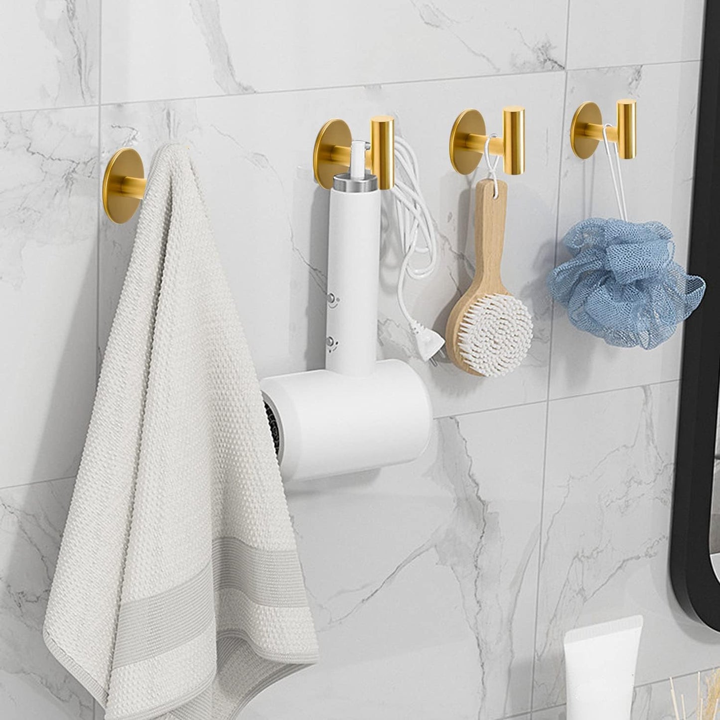 Vuzvuv Adhesive Hooks White SUS304 Stainless Steel - Self Adhesive Heavy Duty Waterproof Wall Hooks for Towel, Coat, Robe in Bathrooms Kitchen Hotel (2-Pack)