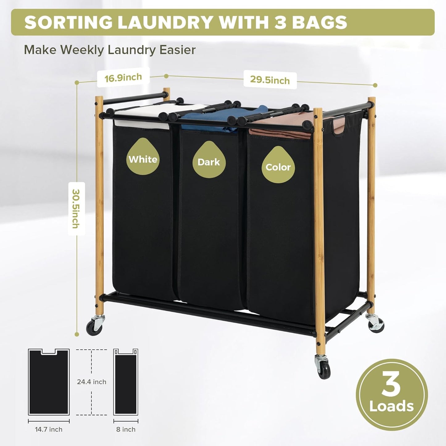 Laundry Sorter Hamper with Wheels, Heavy-Duty Laundry Basket Sorter Rolling Cart with Lockable Wheels and Removable Bags, Laundry Cart 3 Sections, Bamboo