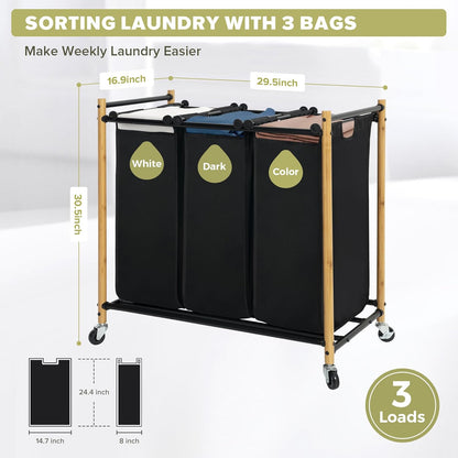 Laundry Sorter Hamper with Wheels, Heavy-Duty Laundry Basket Sorter Rolling Cart with Lockable Wheels and Removable Bags, Laundry Cart 3 Sections, Bamboo
