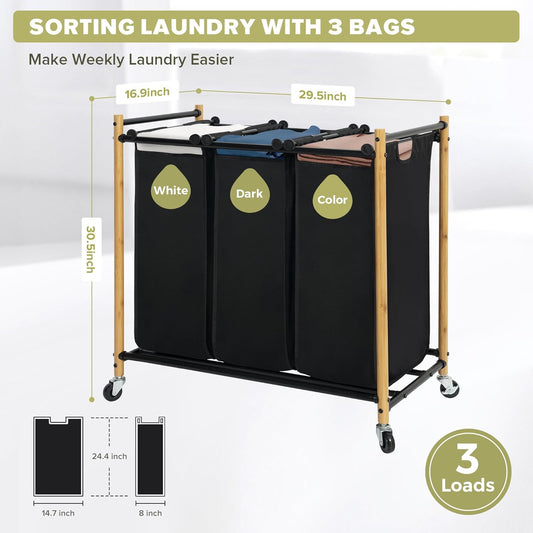 Laundry Sorter Hamper with Wheels, Heavy-Duty Laundry Basket Sorter Rolling Cart with Lockable Wheels and Removable Bags, Laundry Cart 3 Sections, Bamboo