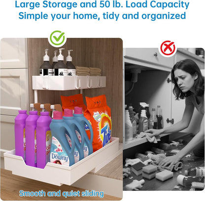 NATURE'S SOURCE 2 Pack Under Sink Organizer 2 Tier Sliding Cabinet Organizers Multi-Purpose Sink Storage Basket L-Shape Narrow Space Storage Shelves with 4 Hook for Kitchen Bathroom Drawer, Black