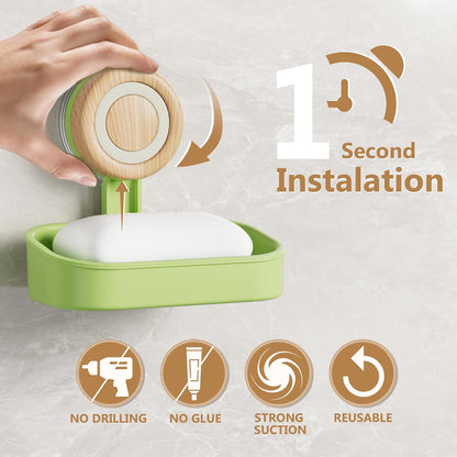 Double Layer Soap Dish for Shower 2 Pack, Wall Mounted Bar Soap Holder Suction Cup 2 Layer Self Draining Soap Case Sponge Holder for Shower Bathroom, Tub and Kitchen Sink, Drill-Free Tray