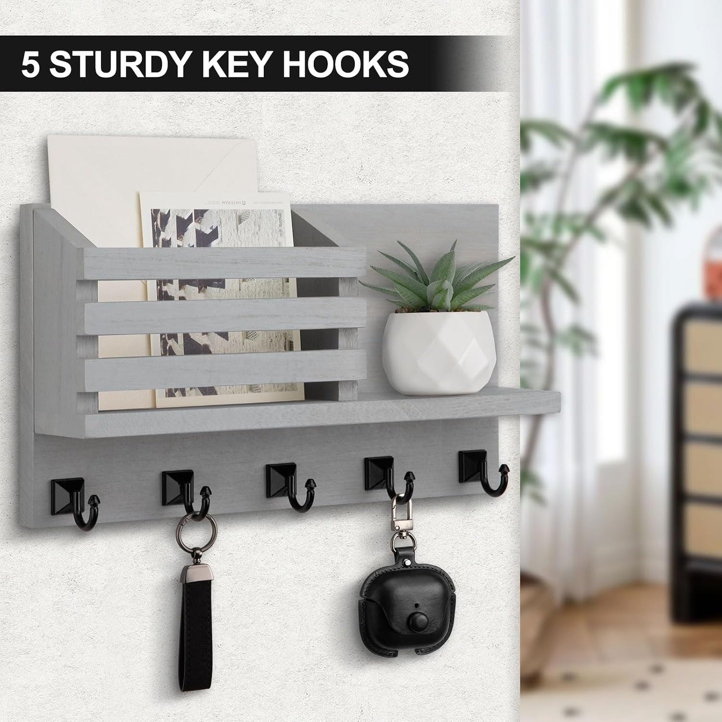 Key Holder Wall Mount, Mail Organizer for Wall with 5 Square Rustic Key Hooks Key Shelf Farmhouse Home Decor for Entryway