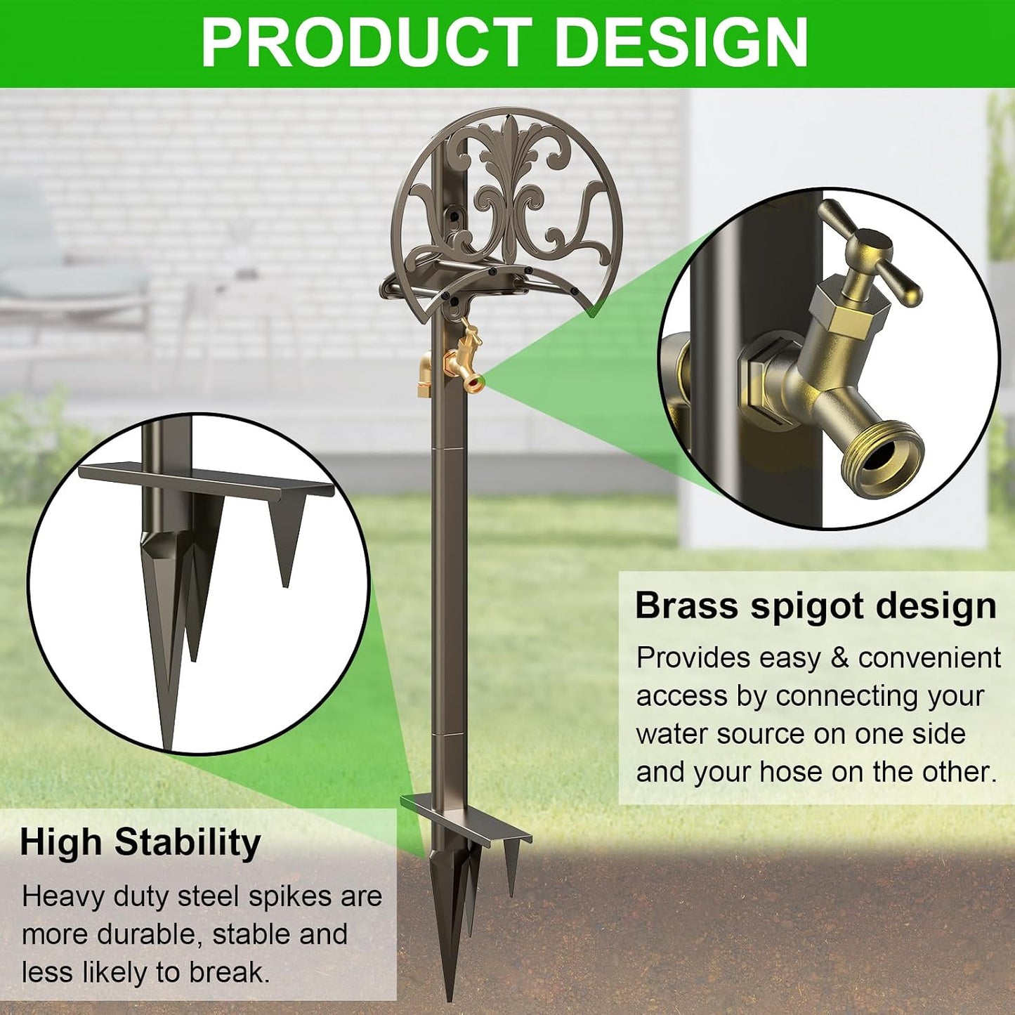 GOFORWILD Garden Hose Stand with Brass Faucet, Detachable Heavy Duty Water Hose Holder, Freestanding Metal Hose Reel Decorative Storage Hanger Holds 150-Feet Hose for Outside Patio Lawn Yard