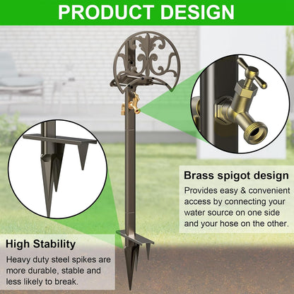 GOFORWILD Garden Hose Stand with Brass Faucet, Detachable Heavy Duty Water Hose Holder, Freestanding Metal Hose Reel Decorative Storage Hanger Holds 150-Feet Hose for Outside Patio Lawn Yard