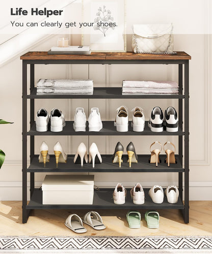 HOOBRO Shoe Rack, 4 Tier Shoe Storage Organizer with 3 Oxford Fabric Shelves and Top Panel, Holds 12-16 Pairs of Shoes for Entryway and Closet, Industrial, Rustic Brown BF47XJ01G1