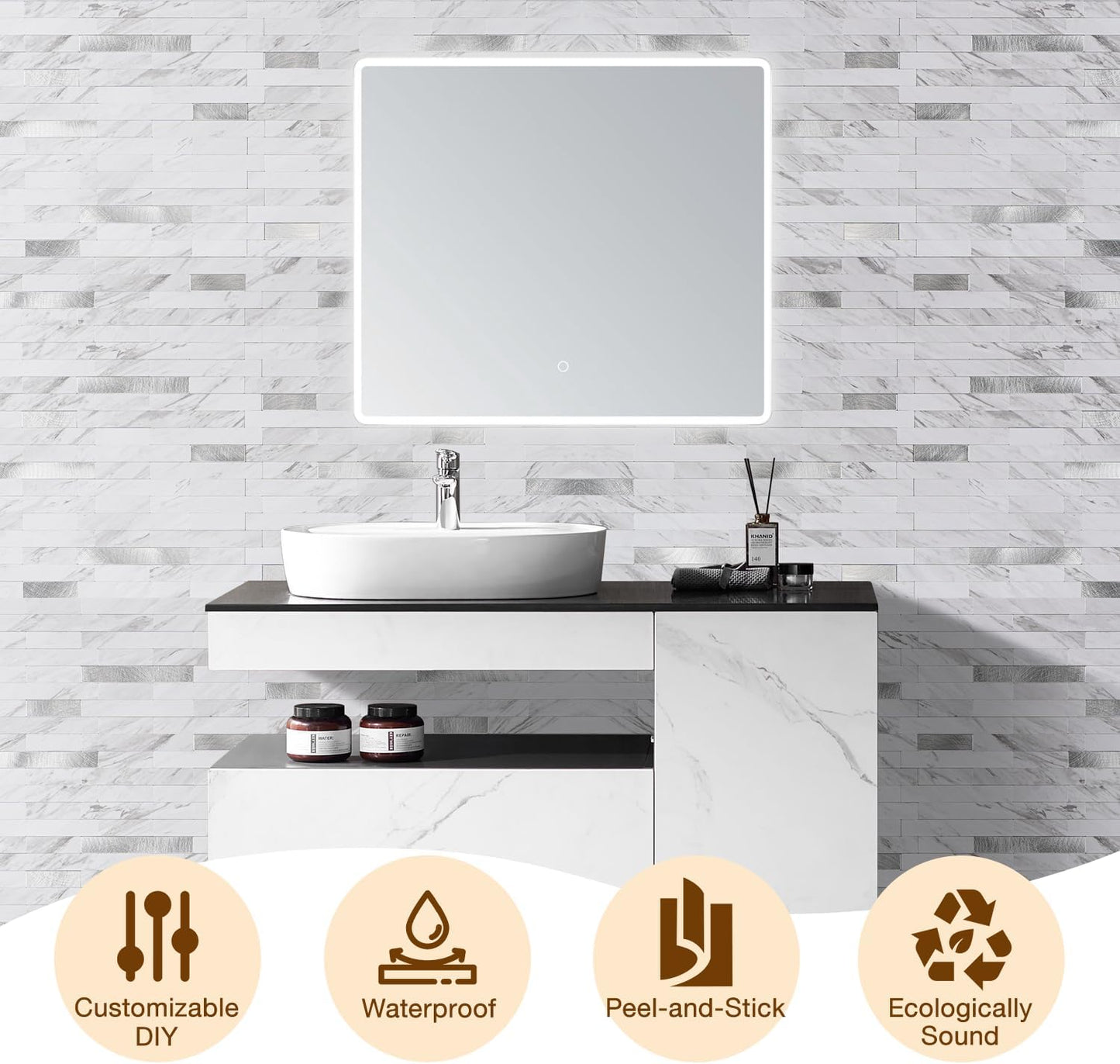 Peel and Stick Backsplash Tile Waterproof Removable PVC Wall Sticker 3D Faux Stone Marble Brick White Accent Panels (White Marble - Metal Silver, 20 Tiles - 9 sq. ft. (0.84 M²))