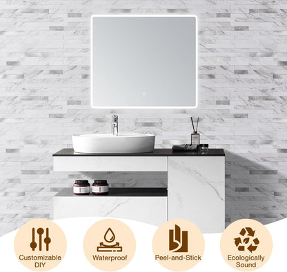 Peel and Stick Backsplash Tile Waterproof Removable PVC Wall Sticker 3D Faux Stone Marble Brick White Accent Panels (White Marble - Metal Silver, 20 Tiles - 9 sq. ft. (0.84 M²))