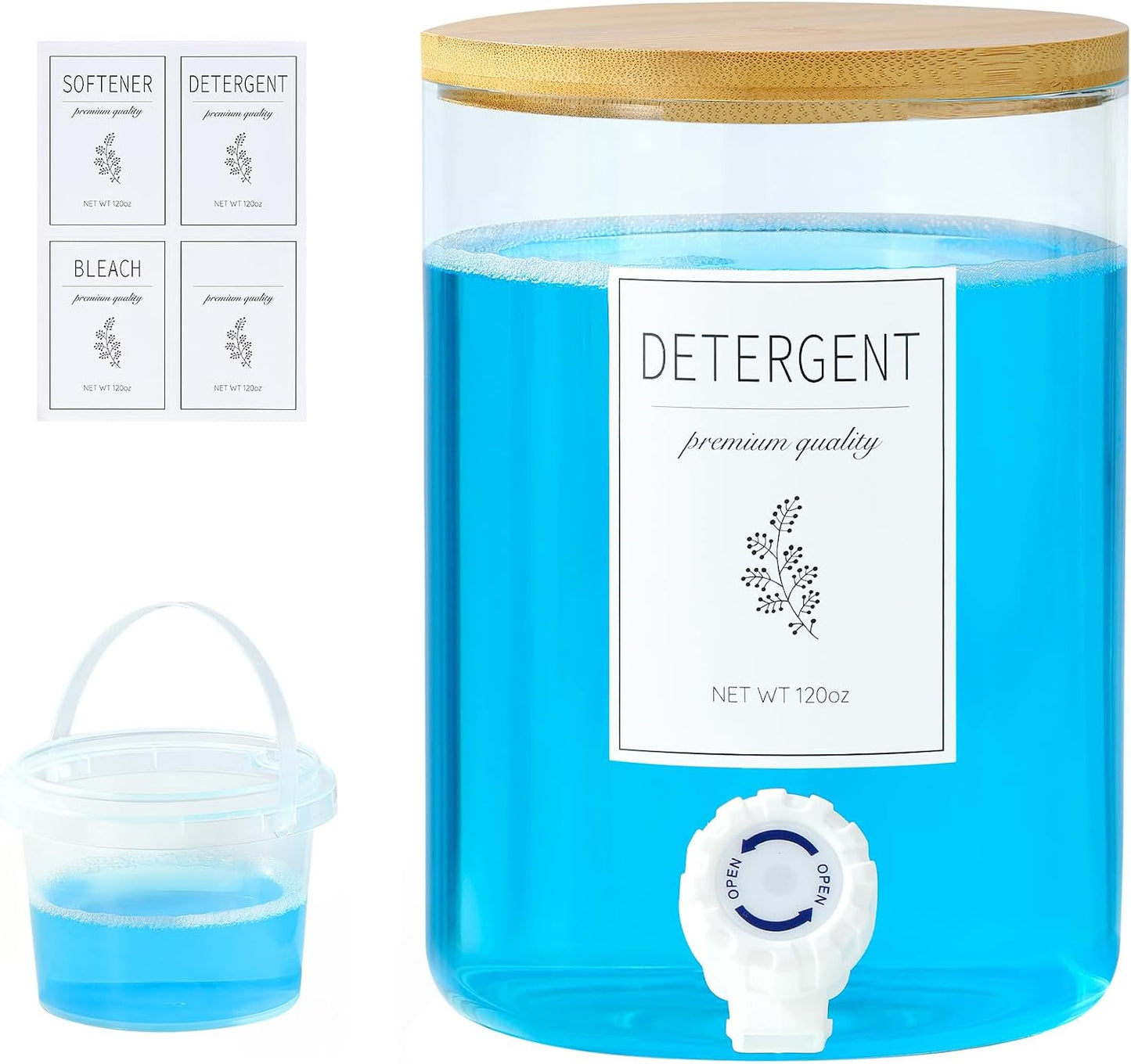 Glass Laundry Detergent Dispenser with Shelf & Bamboo Lid - 120 Oz Liquid Detergent, Laundry Soap & Fabric Softener Dispenser for Laundry Room Organization and Storage with 2 Cups & 8 Labels