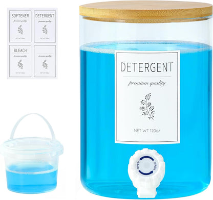Glass Laundry Detergent Dispenser with Shelf & Bamboo Lid - 120 Oz Liquid Detergent, Laundry Soap & Fabric Softener Dispenser for Laundry Room Organization and Storage with 2 Cups & 8 Labels