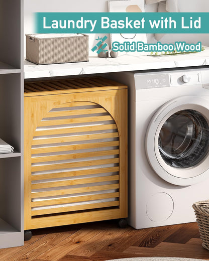 Black Laundry Hamper with Wheels, Laundry Basket with Lid, 22.5 Gallon (85L) Bamboo Wood Clothes Laundry Hamper 2 Section with Handles, Removable Liner