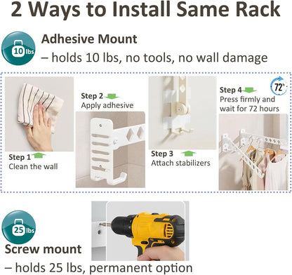Laundry Drying Rack Wall Mounted Foldable Clothes Drying Rack for Laundry Room, Stainless Steel 11 Hanging Points No-Slide Folding Arm with 4 Angles Rustproof for Bathroom – White 2 Pack