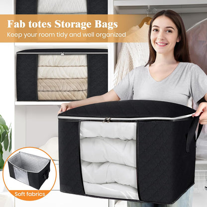 Fab totes 6 Pack Storage Bags for Clothes and Blanket, Foldable Closet Organizers and Storage with Zippers, Clear Window and Handles, Fabric Storage Bins for Sweater, Comforter, Bedding,Linen Sheets