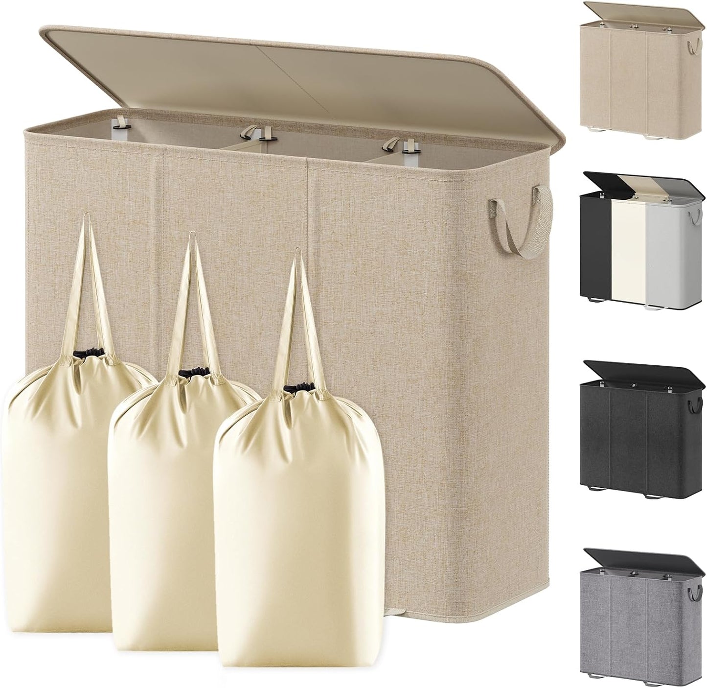 Lifewit Double Laundry Hamper with Lid and Removable Laundry Bags, Large Collapsible 2 Dividers Dirty Clothes Basket with Handles for Bedroom Laundry Room Closet Bathroom College, 136L Beige
