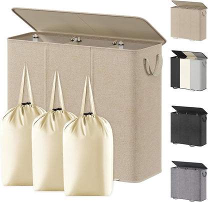 Lifewit Double Laundry Hamper with Lid and Removable Laundry Bags, Large Collapsible 2 Dividers Dirty Clothes Basket with Handles for Bedroom Laundry Room Closet Bathroom College, 136L Beige