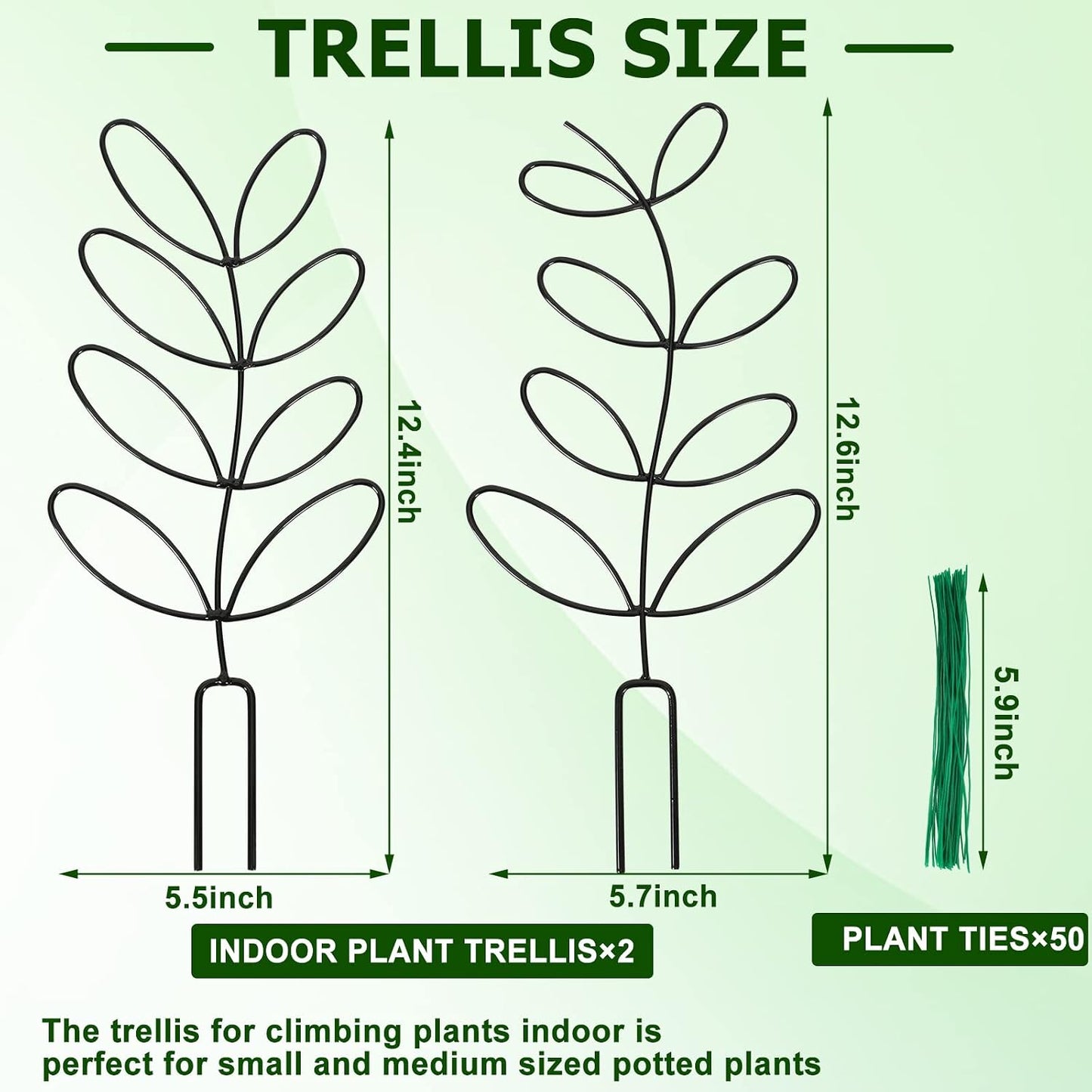 AUGSUN 2 Packs Plant Trellis Garden Trellis Plant Stakes Trellis | for Climbing Plants, Indoor Plants Metal Leaf Shape, Plant Support for Houseplants, with 50 Ties Plant Lover Gift (Green)