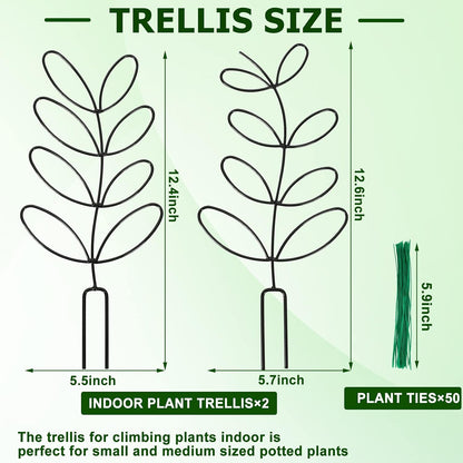 AUGSUN 2 Packs Plant Trellis Garden Trellis Plant Stakes Trellis | for Climbing Plants, Indoor Plants Metal Leaf Shape, Plant Support for Houseplants, with 50 Ties Plant Lover Gift (Green)