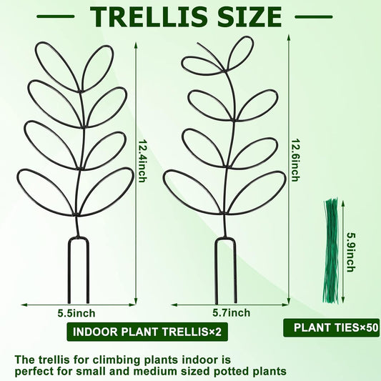 AUGSUN 2 Packs Plant Trellis Garden Trellis Plant Stakes Trellis | for Climbing Plants, Indoor Plants Metal Leaf Shape, Plant Support for Houseplants, with 50 Ties Plant Lover Gift (Green)