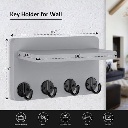 Nekon Key Holder Wall Mount, 8.5 Inch Small Home Decor Wooden Wall Organizer with 4 Hooks and Shelf, Wall Decor for Living Room Entryway Kitchen (Brown)